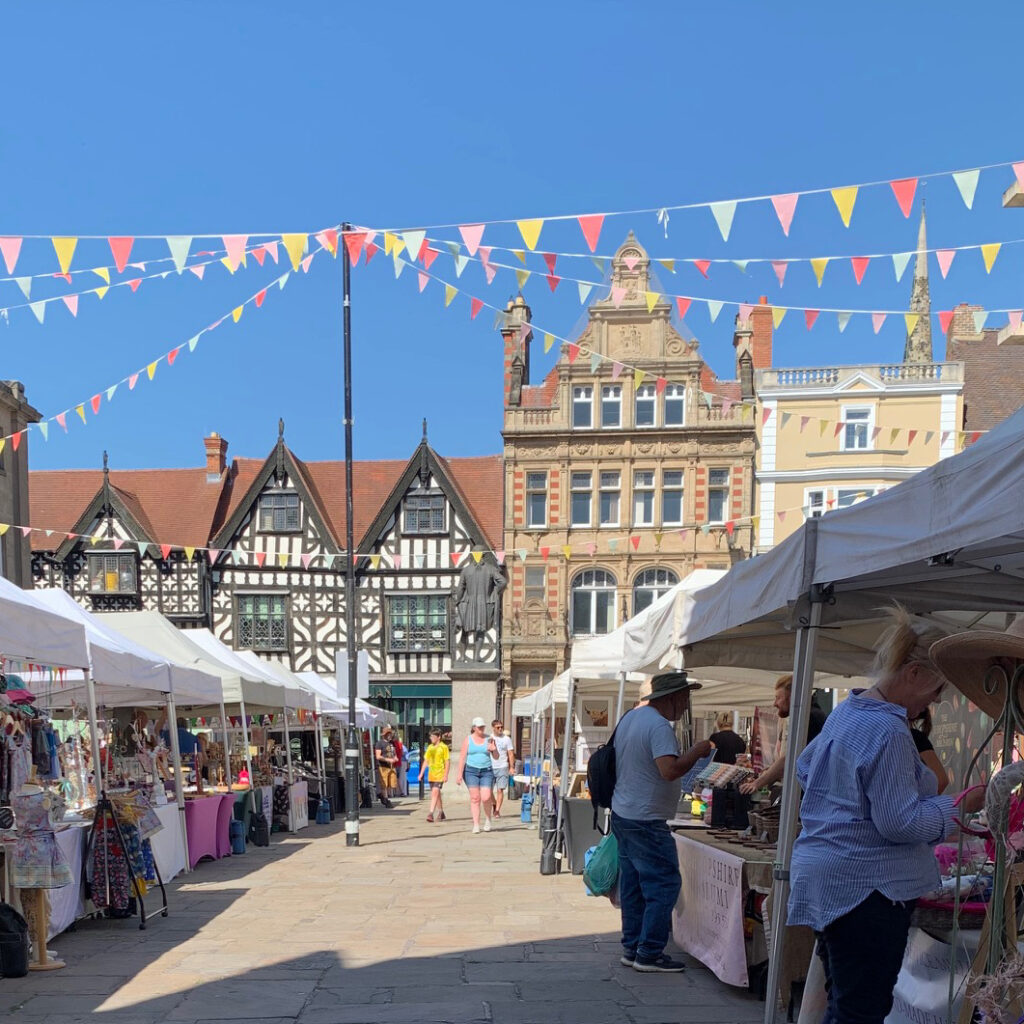Made in Shropshire Market, Shrewsbury Square in a sunny day