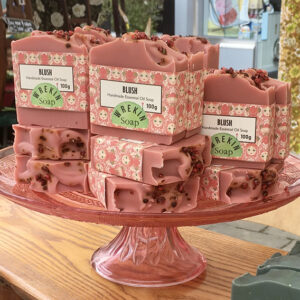 Wrekin soap placed on display stand, Made in Shropshire market.